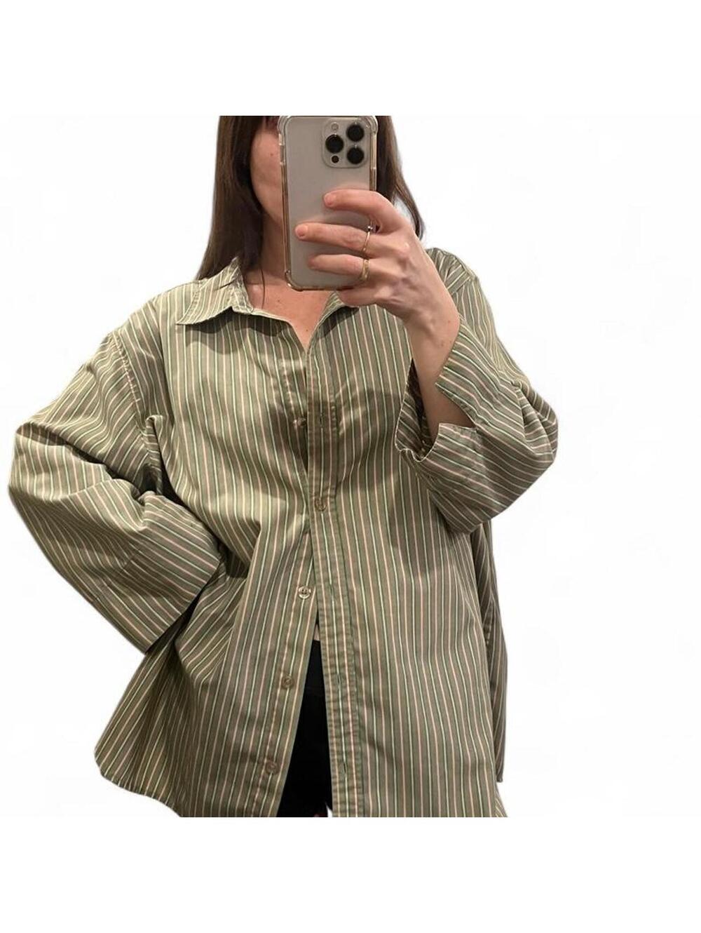 Vintage Sage Green Striped Oversized Button Up Shirt